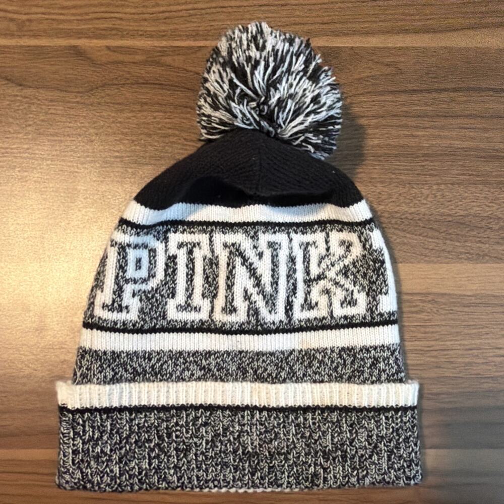 Women's PINK Victoria's Secret Beanie One Size Black/White Y2k Snowball Cute